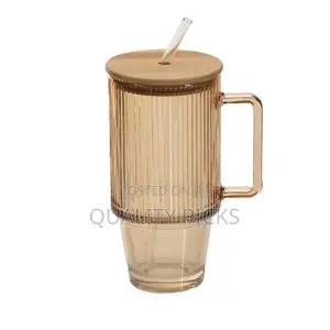 24oz Ribbed Glass Cup With Bamboo Wood Lid and Straw