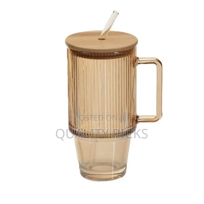 24oz Ribbed Glass Cup With Bamboo Wood Lid and Straw