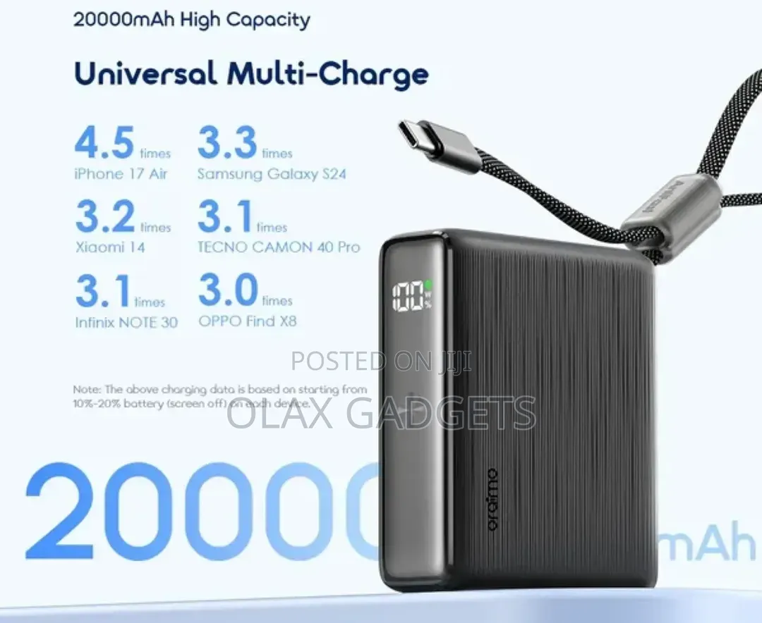 Oraimo PowerNova L21 20000mAh 30W Fast Charge PowerBank Built-in Cable