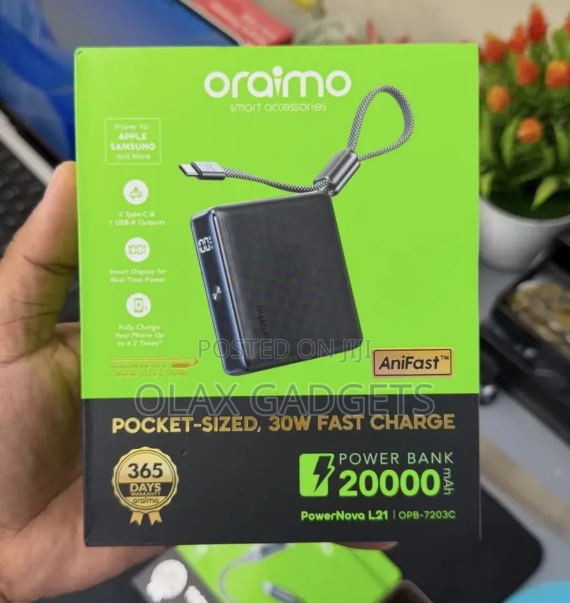 Oraimo PowerNova L21 20000mAh 30W Fast Charge PowerBank Built-in Cable