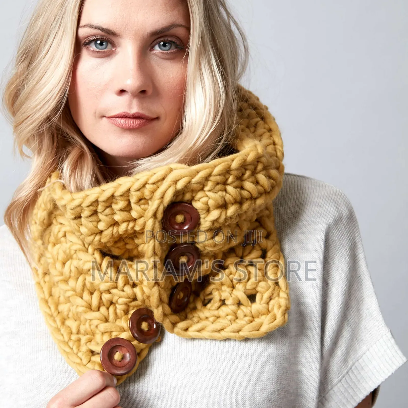 Chunky Crochet Cowls With Prominent Buttons.