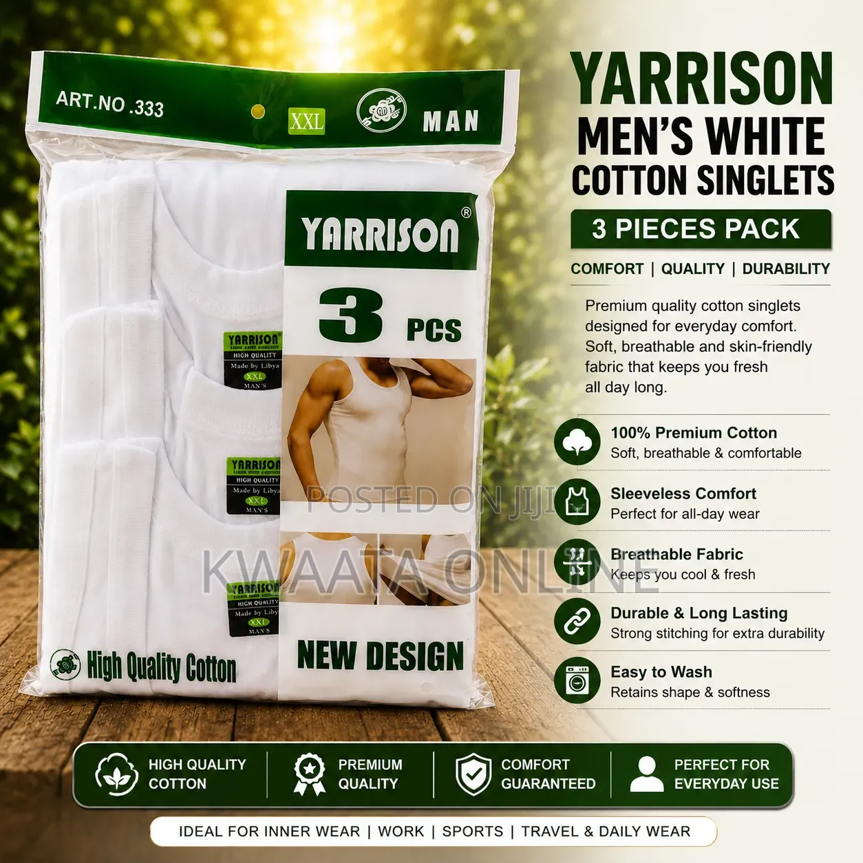 YARRISON Mens 3-Piece Cotton White Vests Soft Comfortable Sleeveless