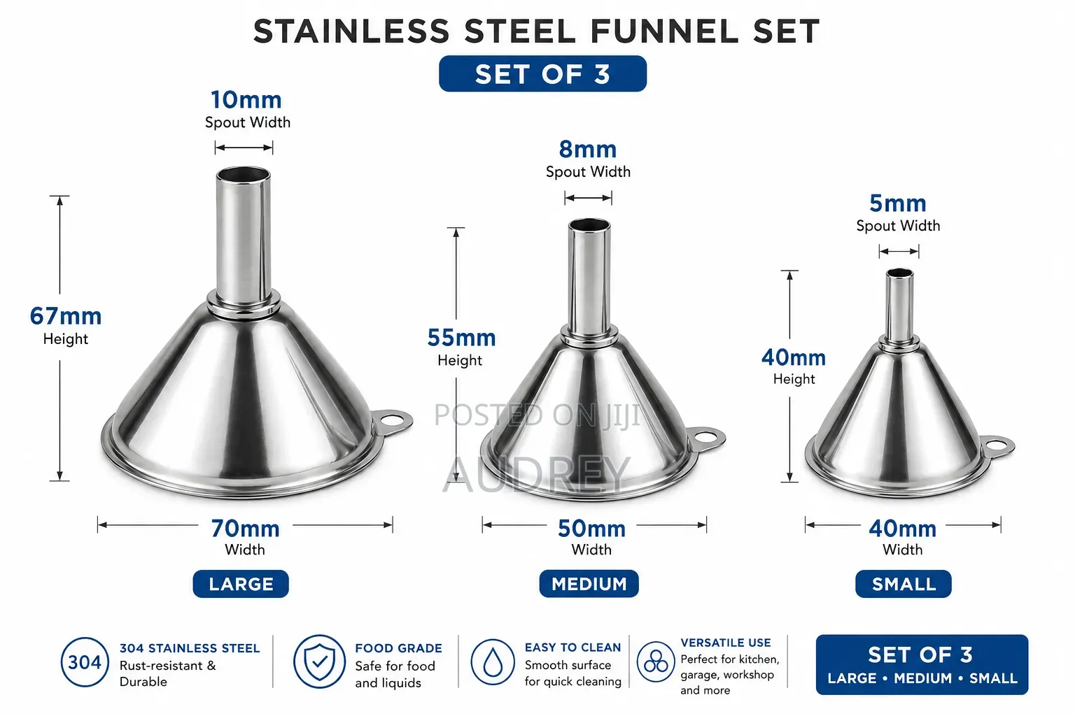 3 Piece Stainless Steel Funnel Set With Cleaning Brush