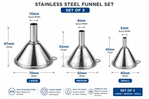 3 Piece Stainless Steel Funnel Set With Cleaning Brush
