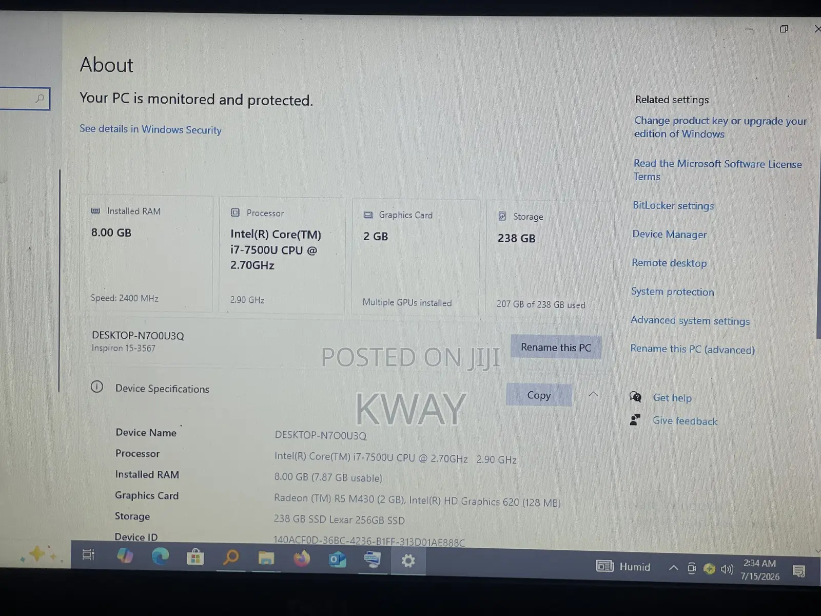 Laptop Dell Inspiron 15 3567 8GB Intel Core i7 SSD 256GB