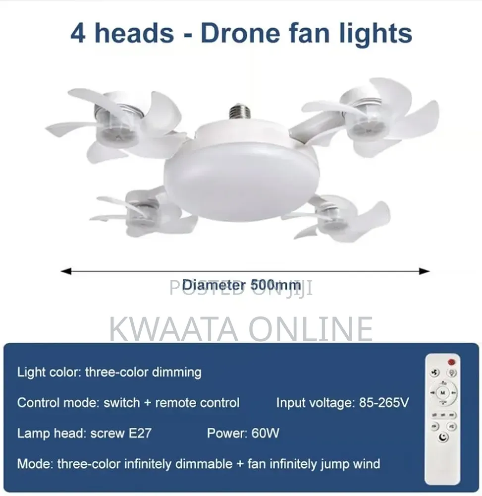 2 in 1 Drone Fan Light, 3 Colors Hanging Fans With Led Lights,(4 Head)