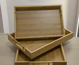 Three Rectangular Bamboo Serving Trays With a Metal Handle