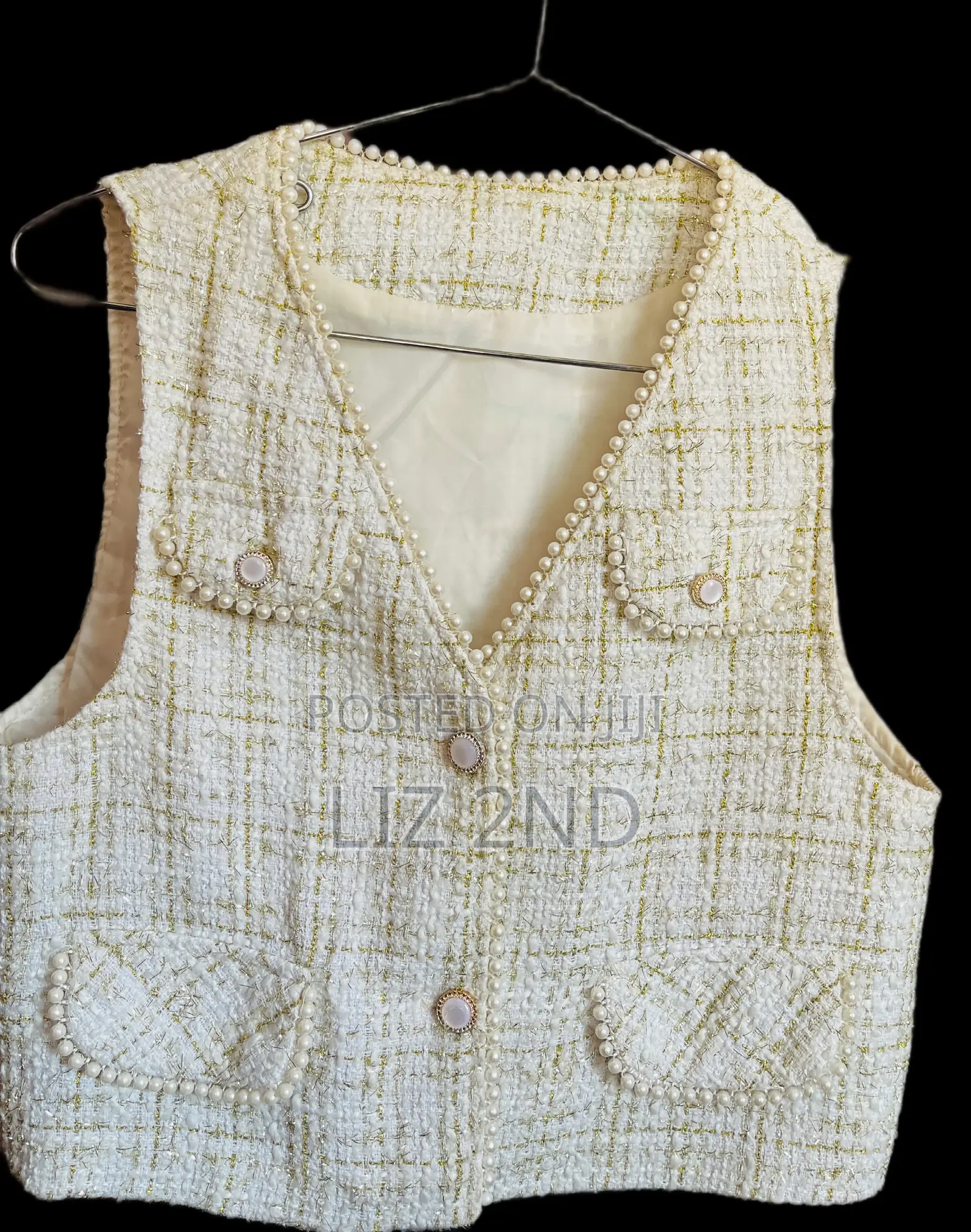 Ladies Chanel Style Tweed Vest With Pearl Trim / Crop Waistcoat Top