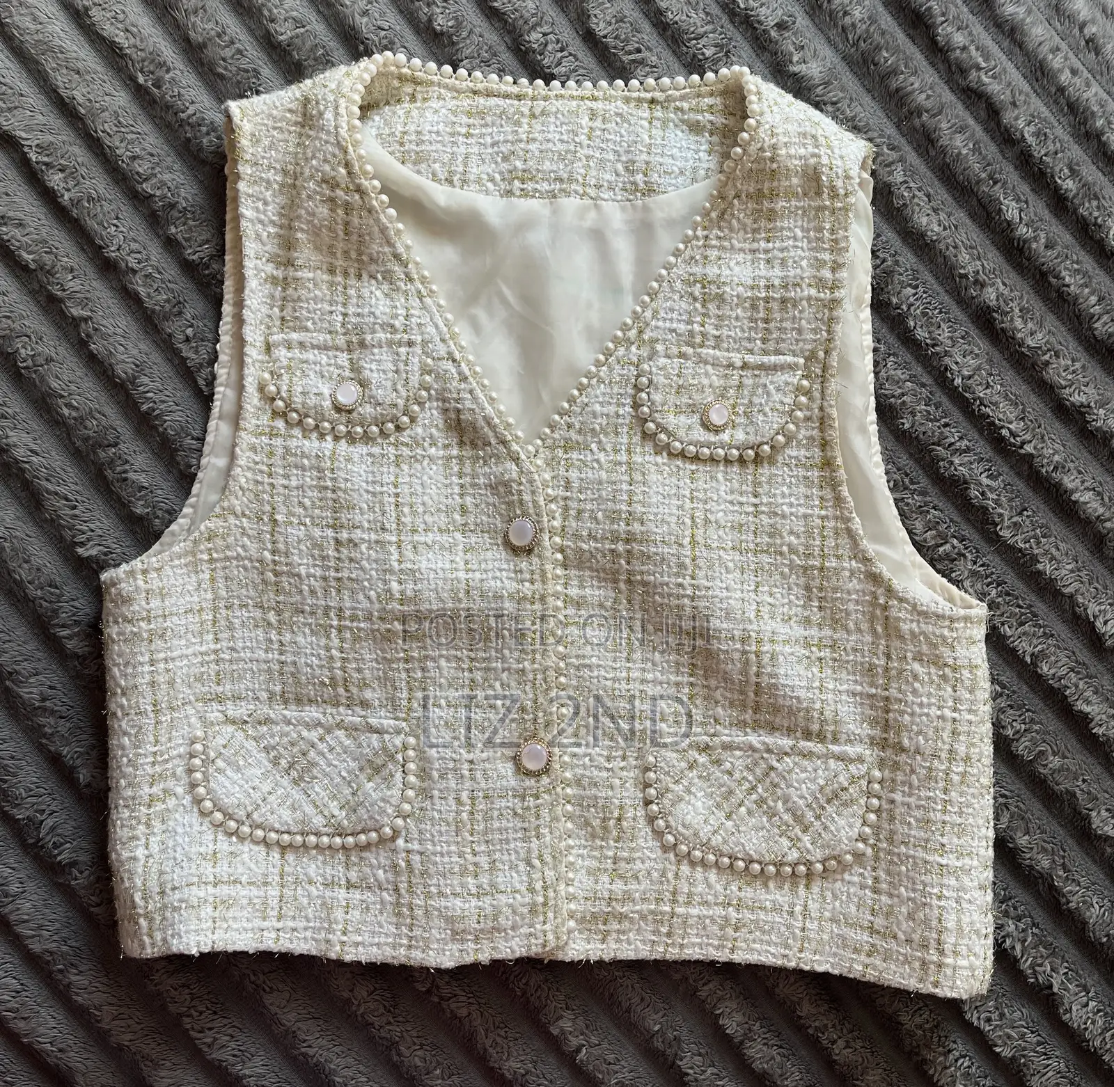 Ladies Chanel Style Tweed Vest With Pearl Trim / Crop Waistcoat Top