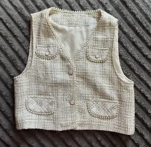 Ladies Chanel Style Tweed Vest With Pearl Trim / Crop Waistcoat Top