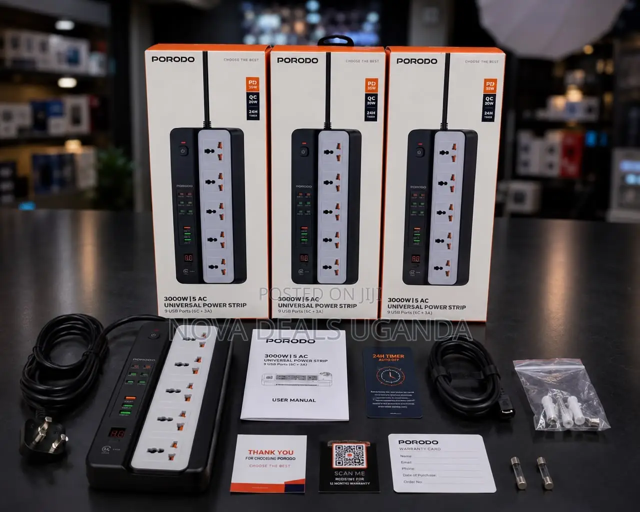 Porodo 5 AC Universal Power Strip 3000W, 9 USB PD35W, QC20W 24H Timer