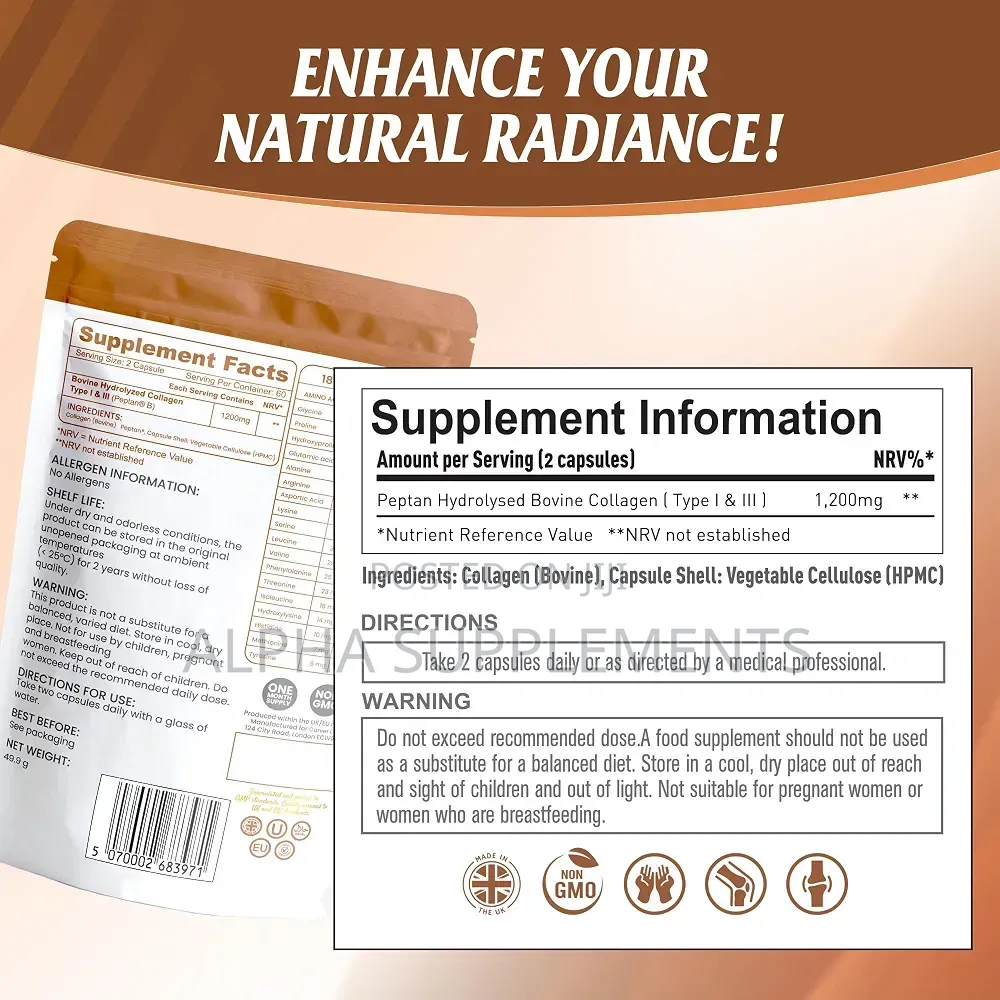 Collagen+ |Bovine Collagen Peptides. 60 Capsules ( 1 Month Supply)