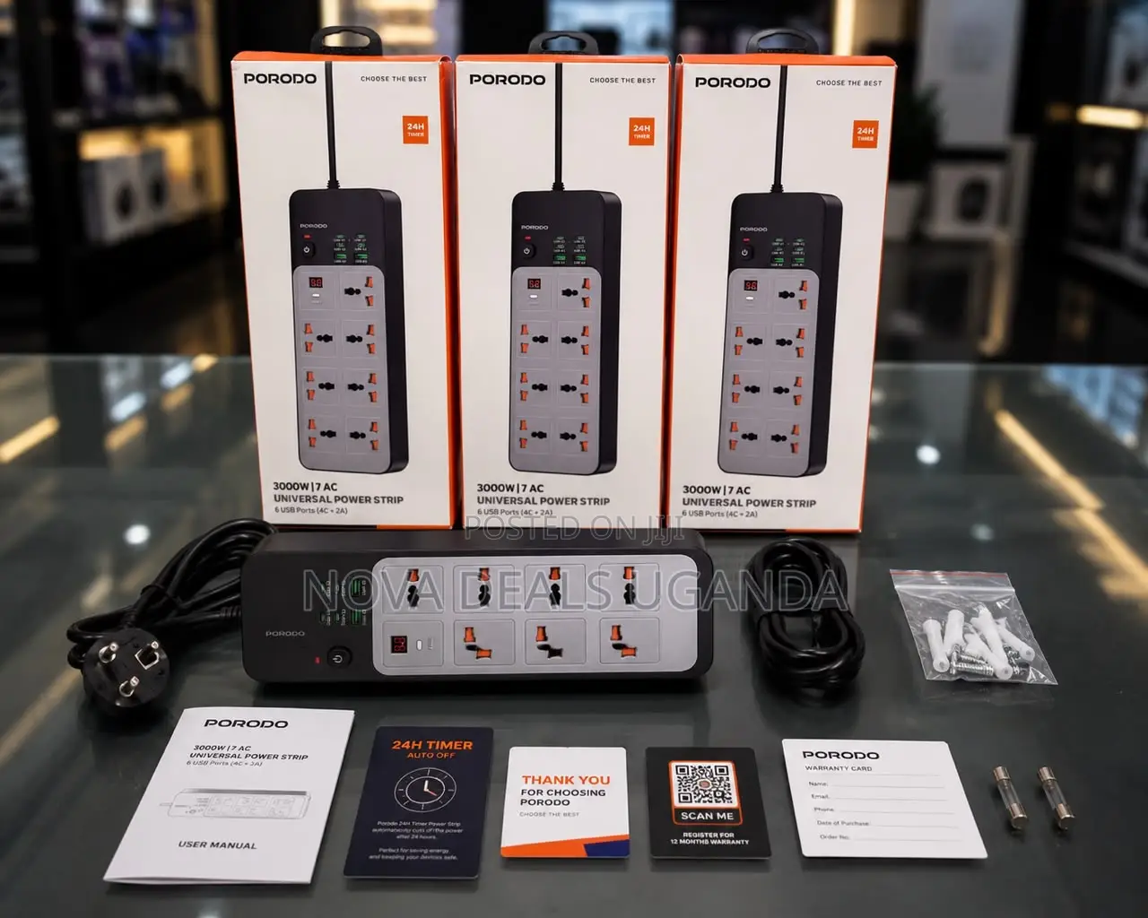 Porodo 3000W Universal Power Strip With 7×AC 24H Timer 3M UK-Plug Cord