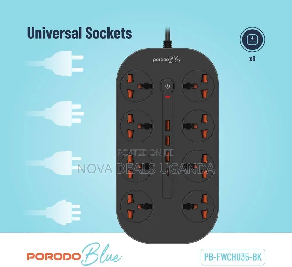 Porodo Blue 8 AC Universal Power Strip, USB-C Output, 3m Cable, 3000W