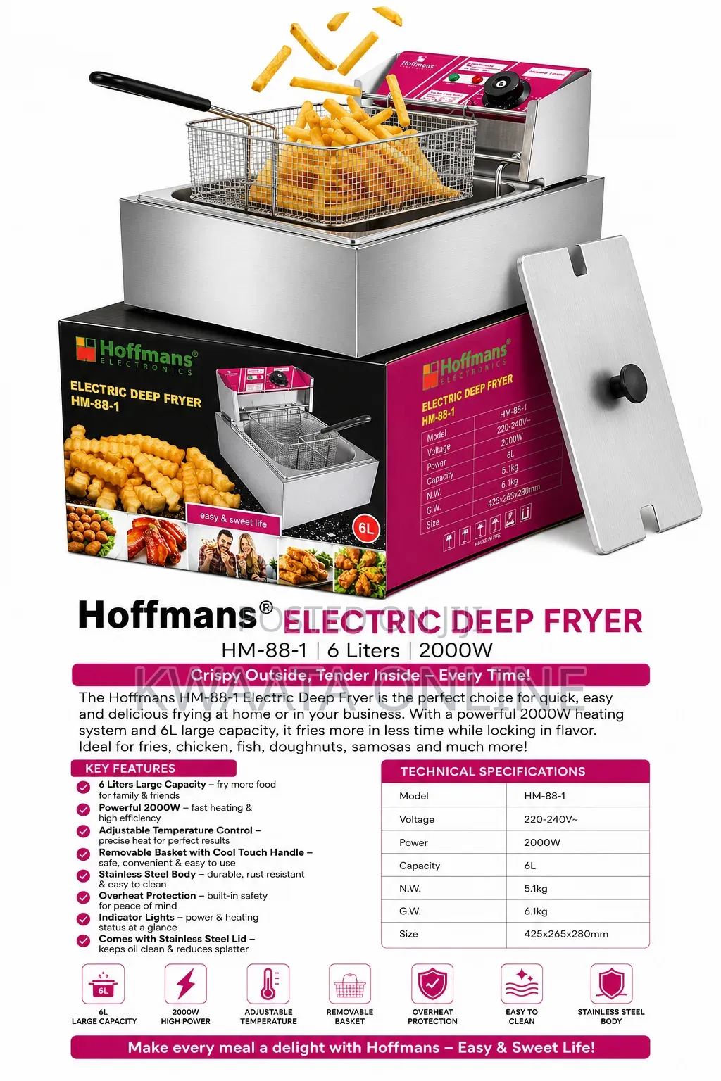 Hoffmans 6L Electric Deep Fryer Commercial With Basket Lid, 2000w
