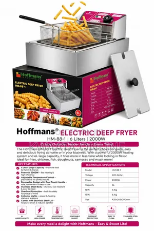 Hoffmans 6L Electric Deep Fryer Commercial With Basket Lid, 2000w