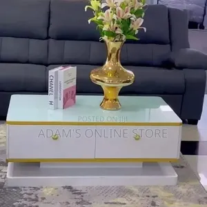 TV Stand Unit Center Table and Stools in White and Gold Color