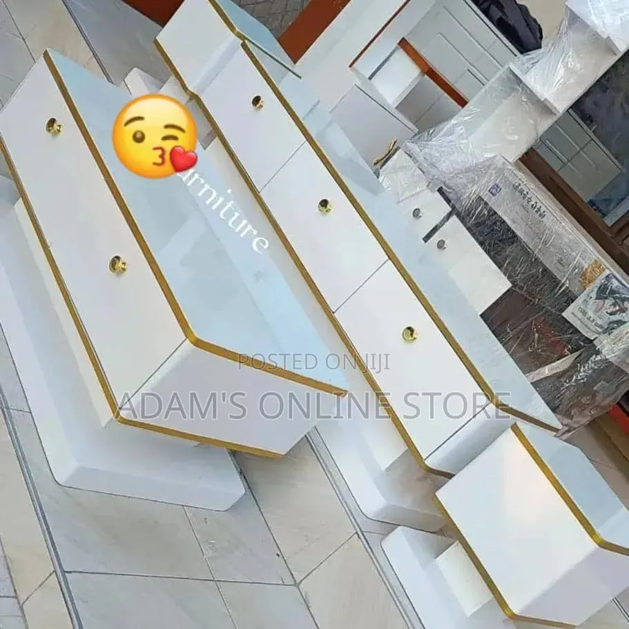 TV Stand Unit Center Table and Stools in White and Gold Color