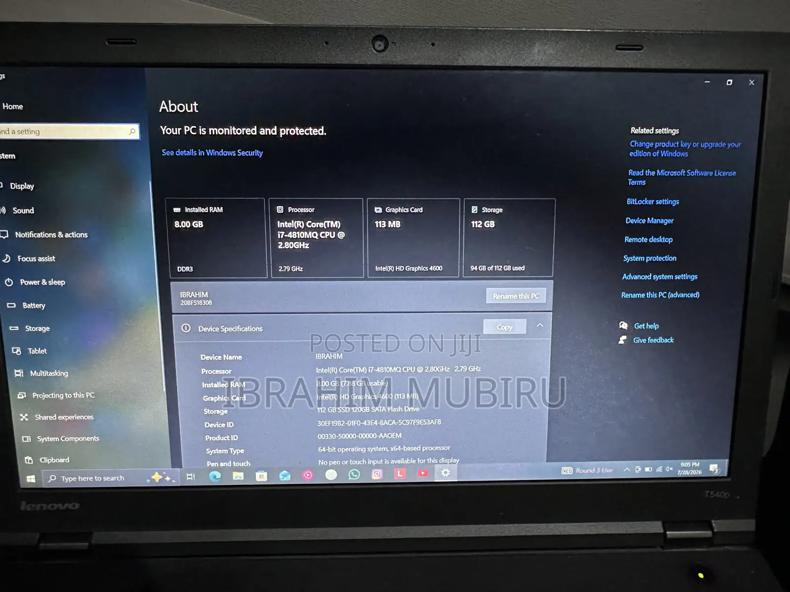 Laptop Lenovo ThinkPad T540p 8GB Intel Core i7 SSD 256GB