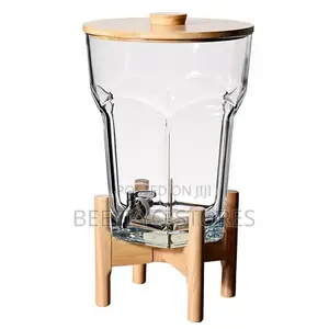 Glass Beverage Dispenser With Wooden Lid and Stand.