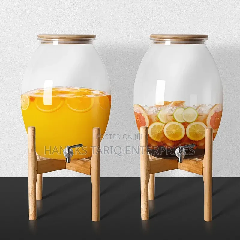 Large Glass Beverage Dispenser With Wooden Lid and Stand.
