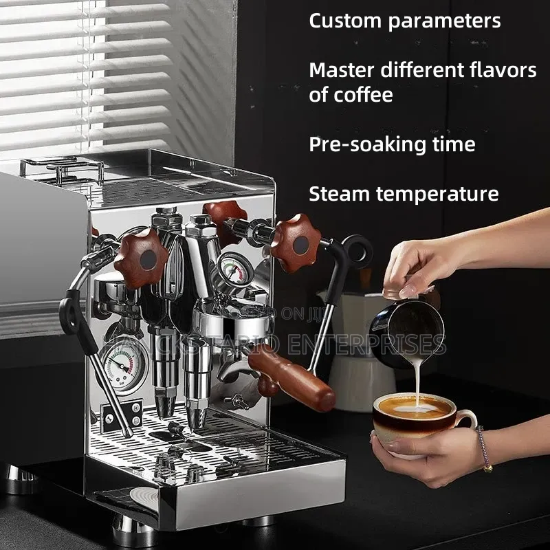 Professional Semi-Automatic Espresso Machine With Wood Accents.
