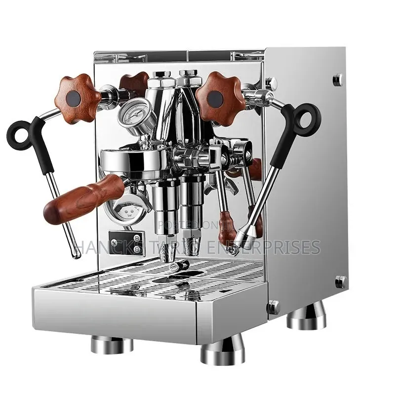 Professional Semi-Automatic Espresso Machine With Wood Accents.
