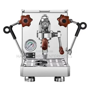Professional Semi-Automatic Espresso Machine With Wood Accents.