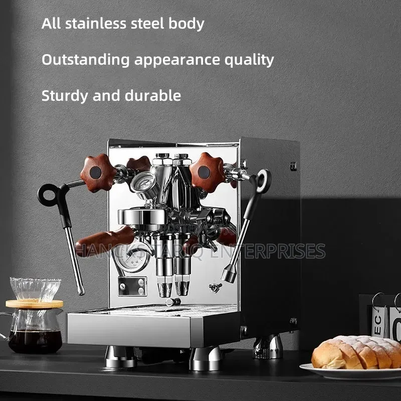 Professional Semi-Automatic Espresso Machine With Wood Accents.