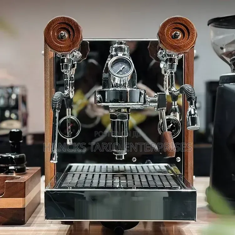 Countertop Espresso Machine With Dual Steam Wands and Wood Accents.