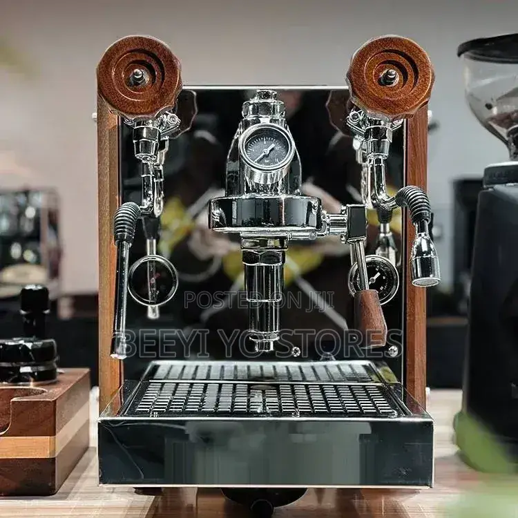 Countertop Espresso Machine With Dual Steam Wands and Wood Accents.