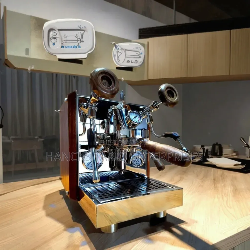Countertop Espresso Machine With Dual Steam Wands and Wood Accents.