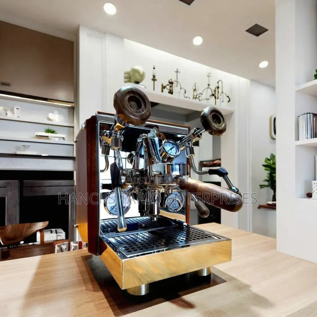 Countertop Espresso Machine With Dual Steam Wands and Wood Accents.