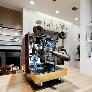 Countertop Espresso Machine With Dual Steam Wands and Wood Accents.
