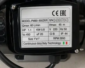 800w AC Surface Water Pump 45m Head 3600l/H High Pressure Pump 220v