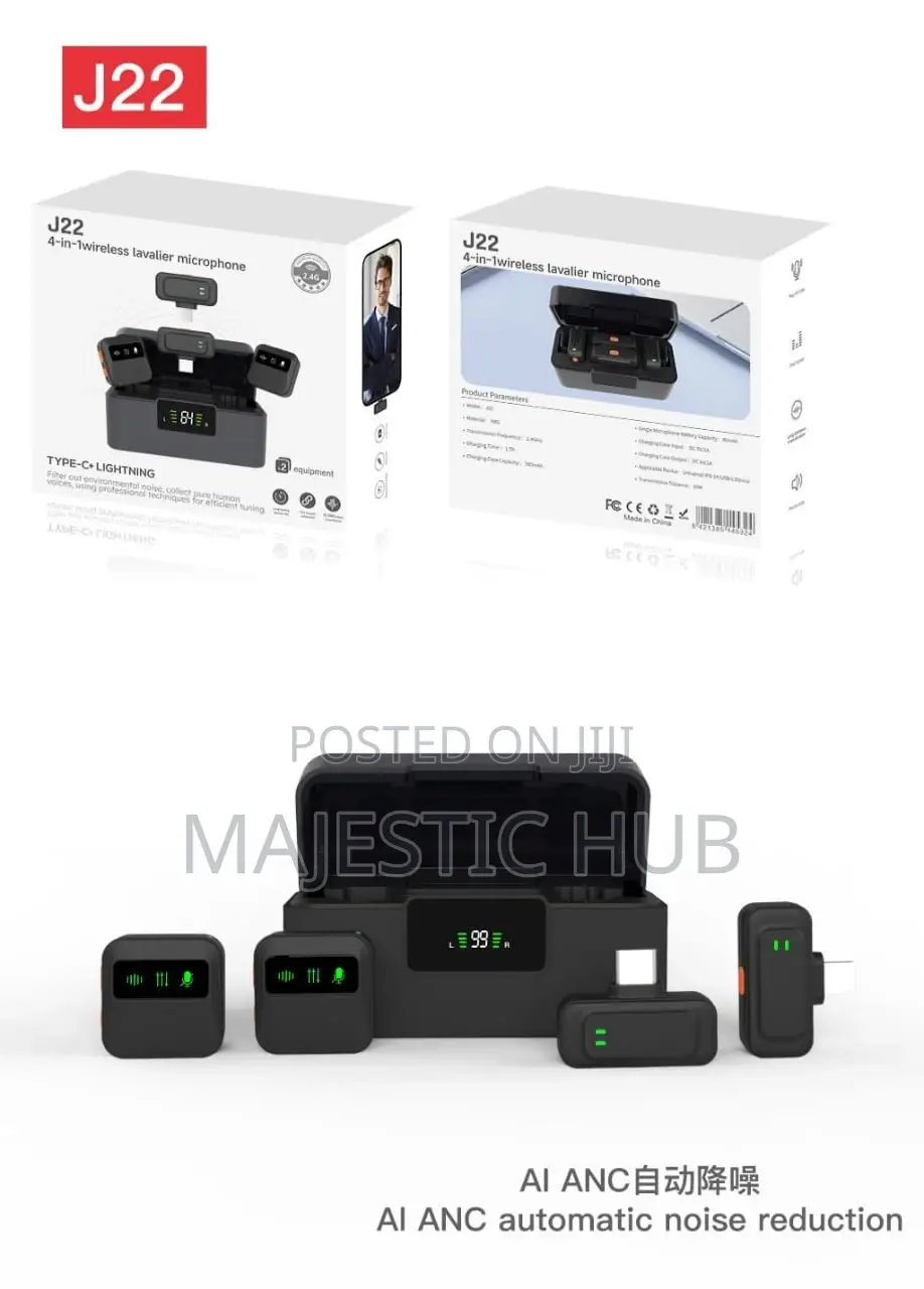 J22 Wireless Lavalier Mic, AI Noise Cancel, Type-C Lightning