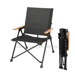 Portable Folding Camping Chair With Wooden Armrests.