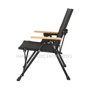 Portable Folding Camping Chair With Wooden Armrests.