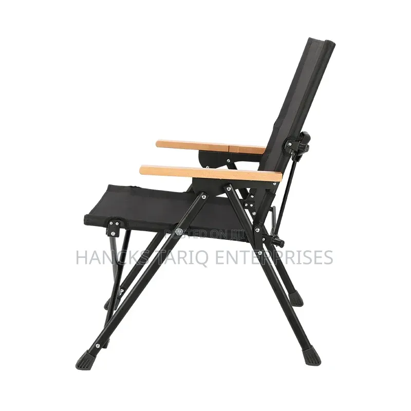 Portable Folding Camping Chair With Wooden Armrests.