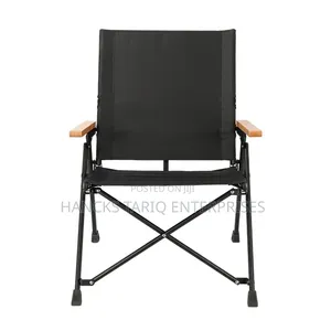 Portable Folding Camping Chair With Wooden Armrests.