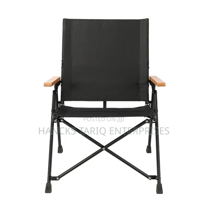 Portable Folding Camping Chair With Wooden Armrests.