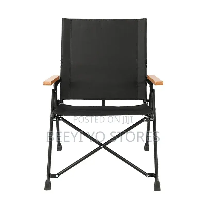 Portable Folding Camping Chair With Wooden Armrests.