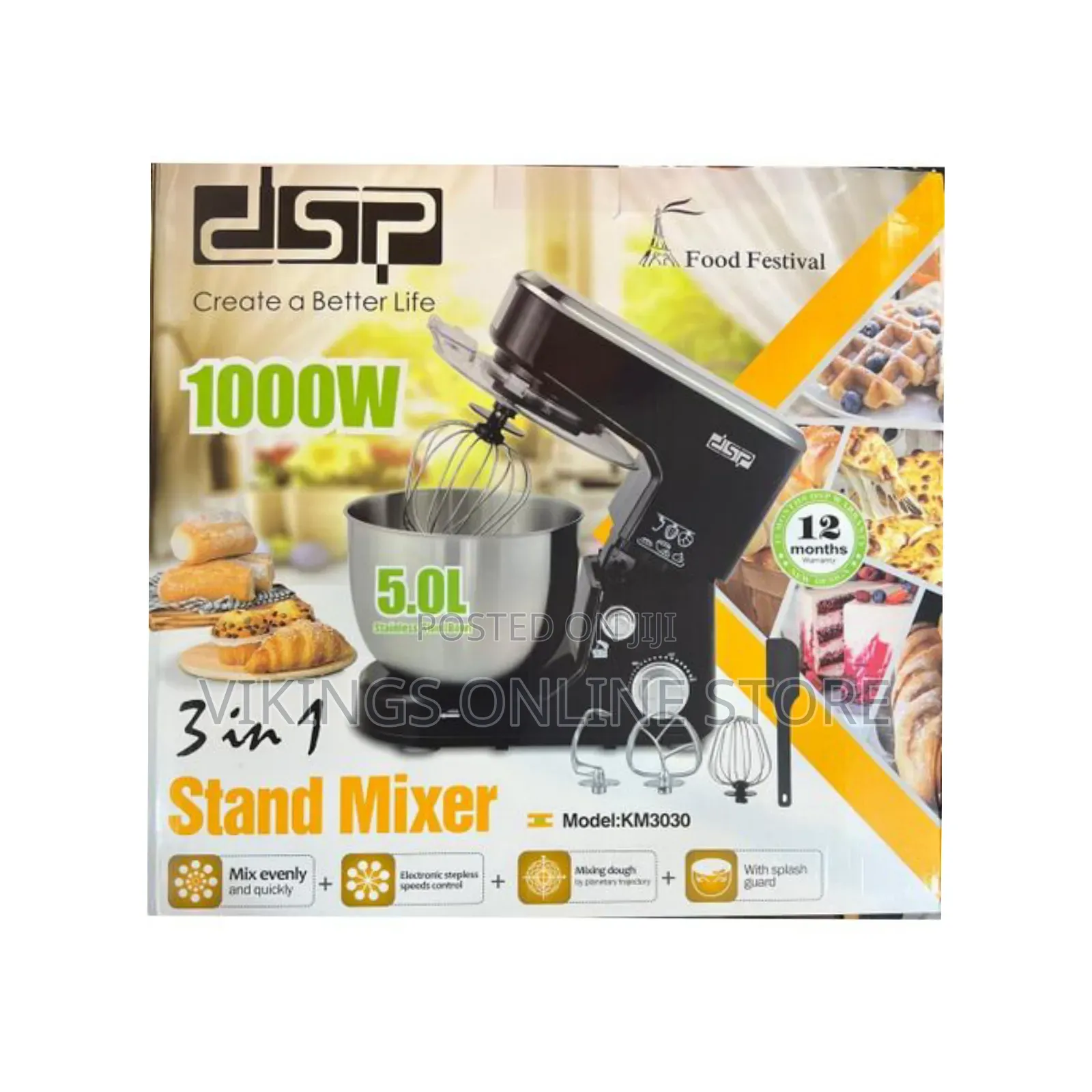 DSP 5L 3 In1 Egg Beater Dough Hand Stand Mixer Food Processor