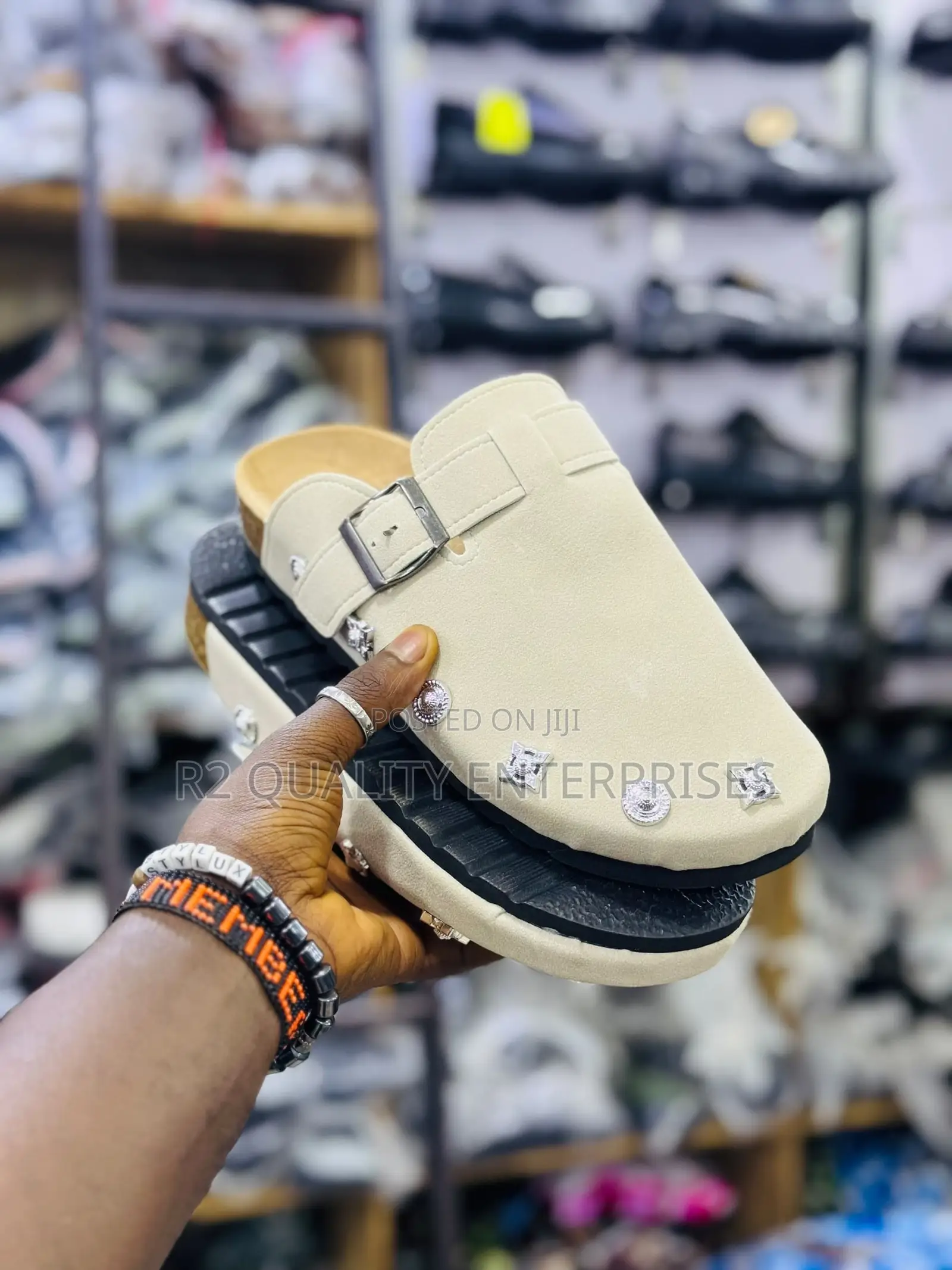Cream-Colored Studded Mule Clog