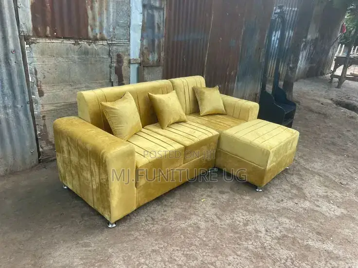 Gold 3seater Plus the Pouf Plus the Cushions
