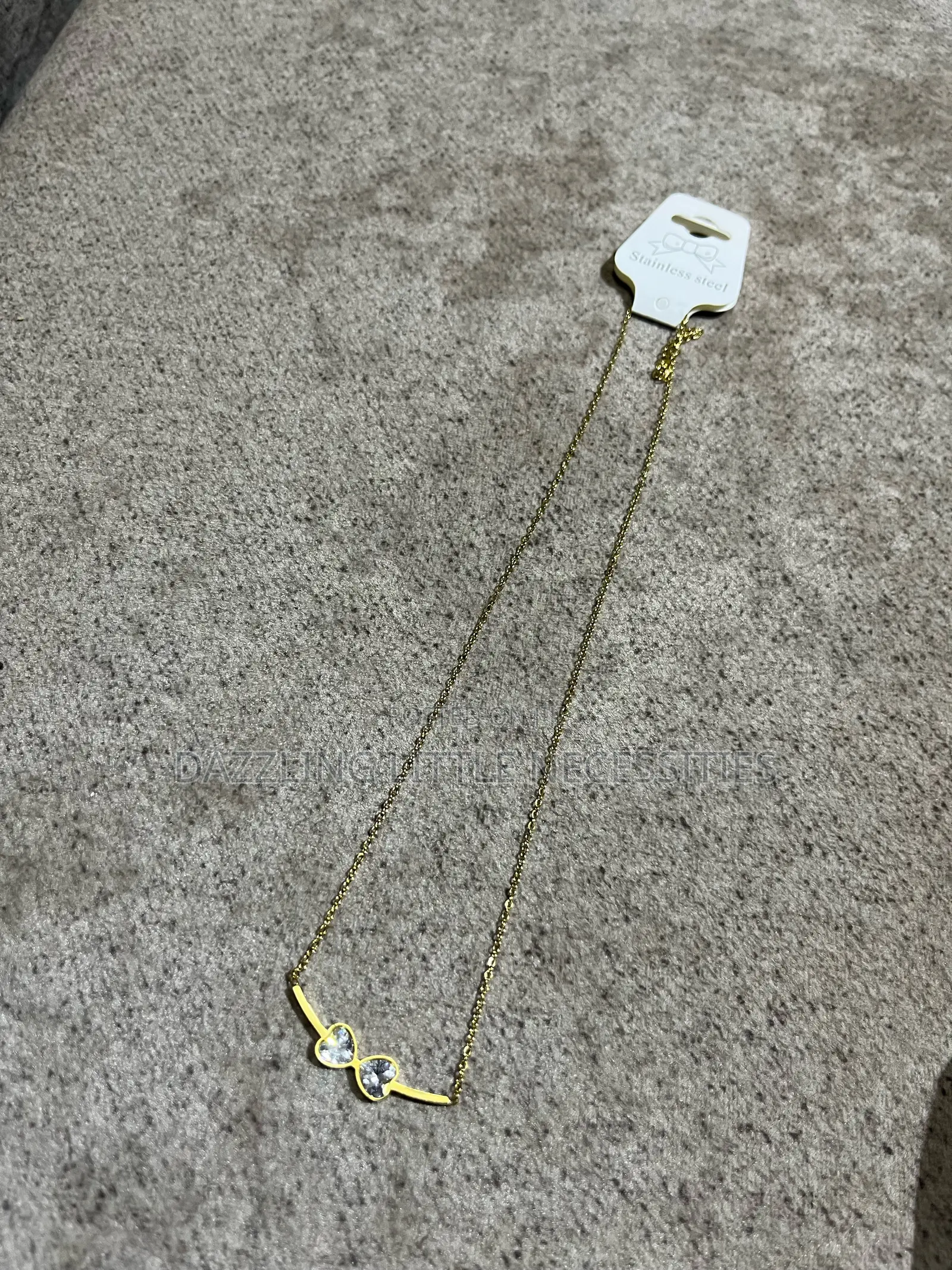 Twin Heart Crystal Bar Stainless Steel Necklace - Gold