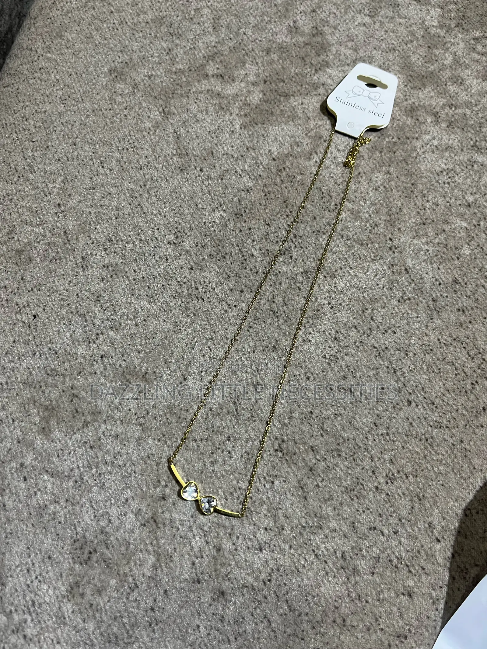 Twin Heart Crystal Bar Stainless Steel Necklace - Gold