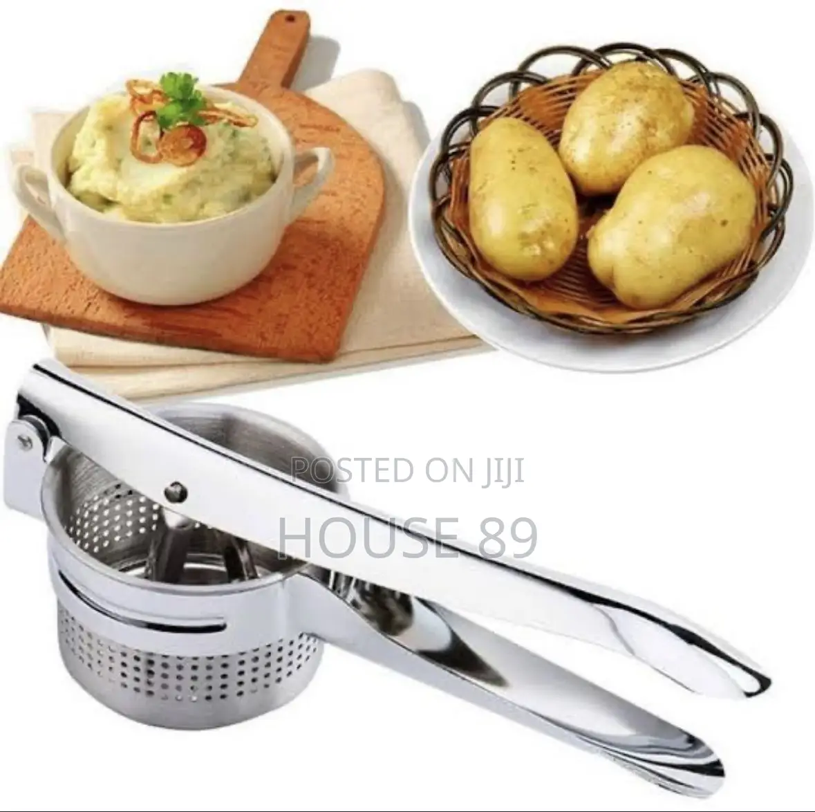 Stainless Steel Potato Ricer Featuring Blue Colored Handles.