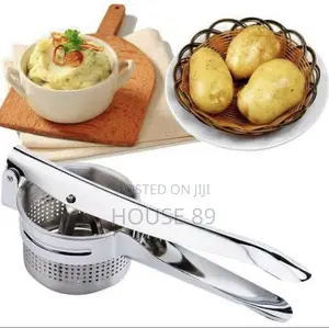 Stainless Steel Potato Ricer Featuring Blue Colored Handles.