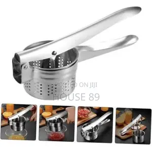 Stainless Steel Potato Ricer Featuring Blue Colored Handles.